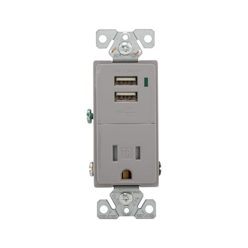 COMBO 2 PORT USB RECEPTACLE 15A 125V GY