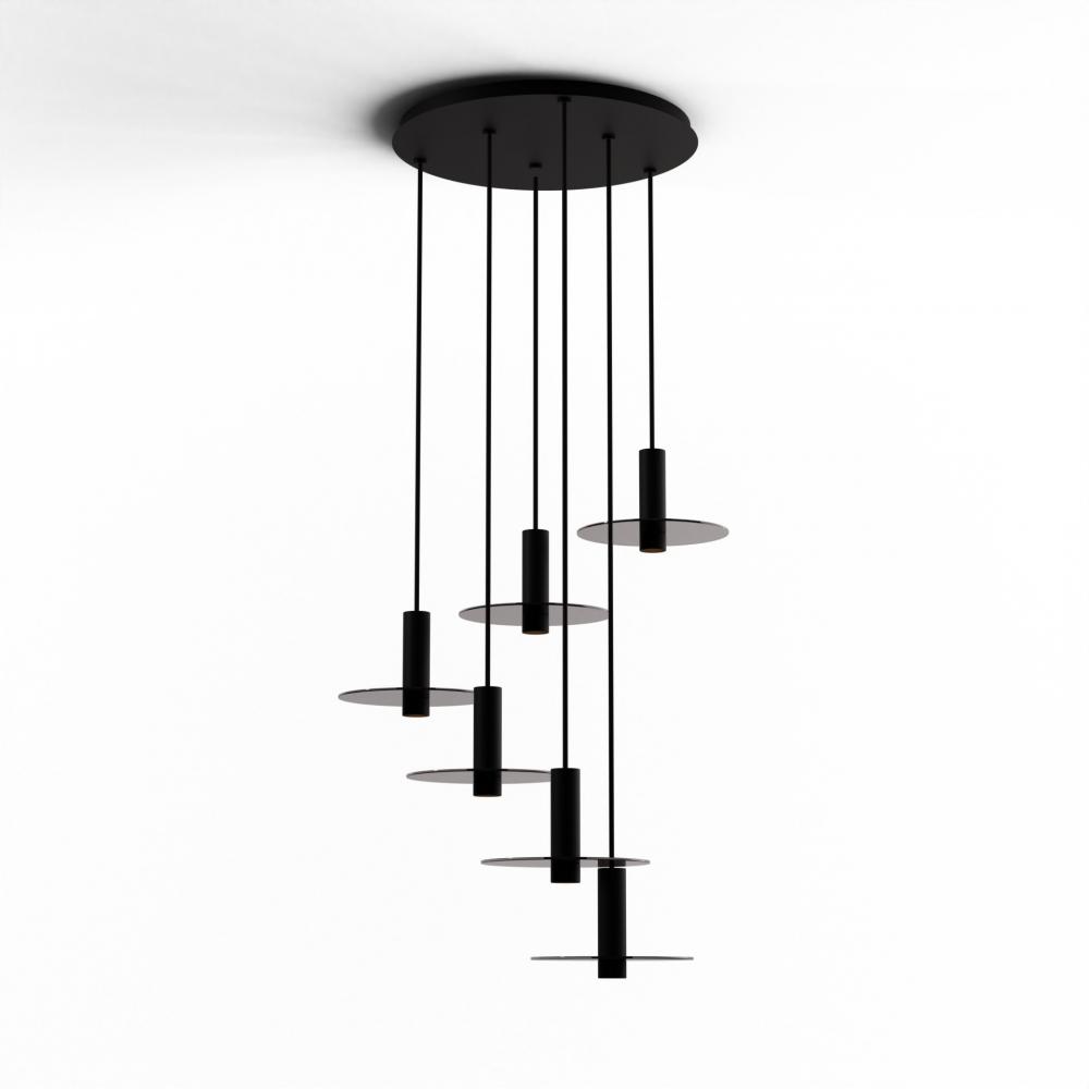 Combi Pendant 6&#34; Circular 6 Combo Matte Black with Matte Black Canopy, 9&#34; glass plate (Dark