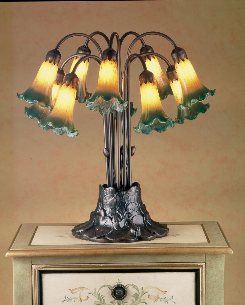 22&#34;H Amber/Green Tiffany Pond Lily 10 LT Table Lamp